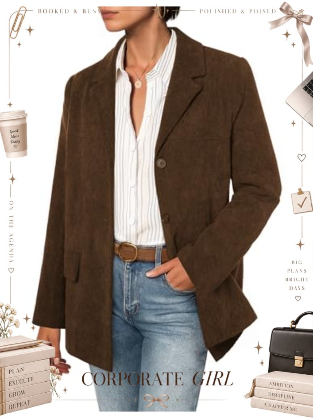 Corduroy Blazer Jacket Notched Lapel Button Front Business Casual